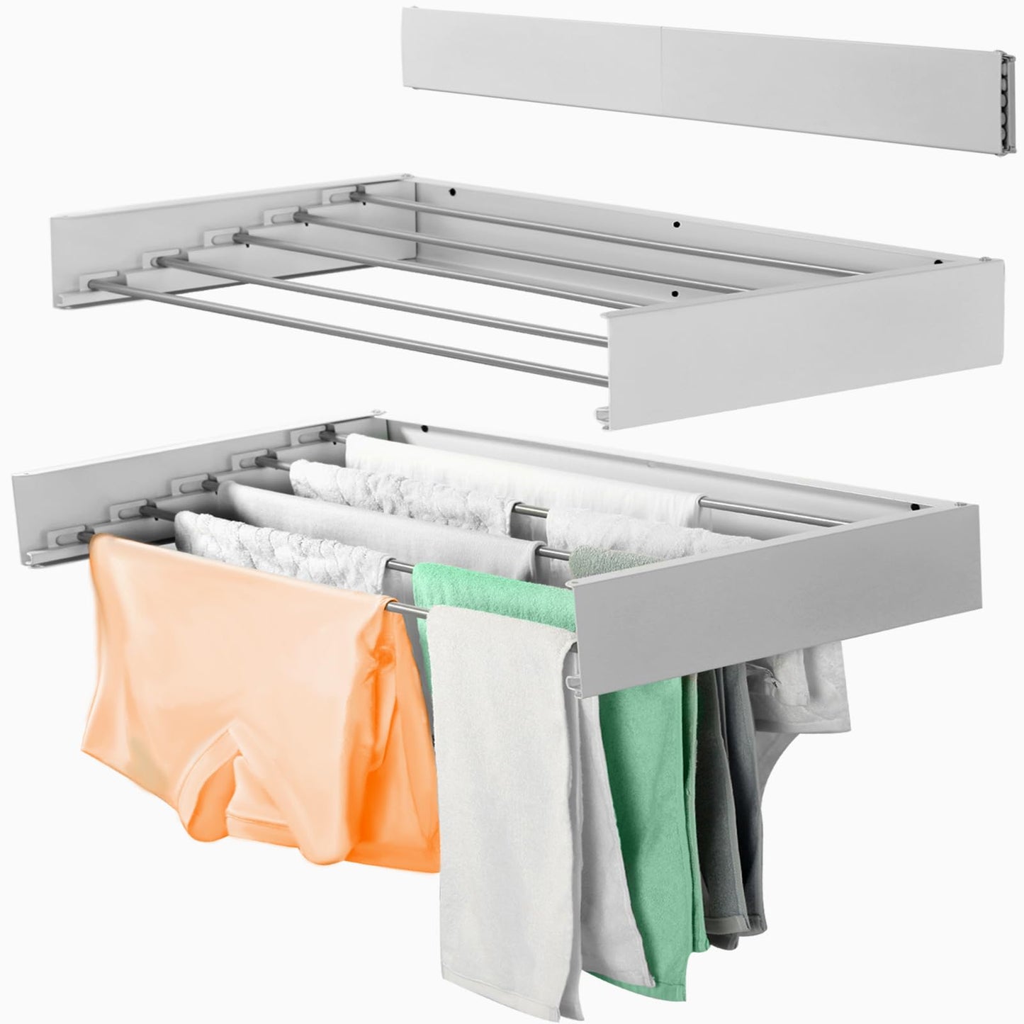 Laundry Drying Rack Collapsible, 40" Foldable Wall Mounted Clothes and Towel Drying Rack with Wall Template- 5 Rods, 60lb Capacity, Mounted Hanger Perfect for Laundry, Bathroom, and More